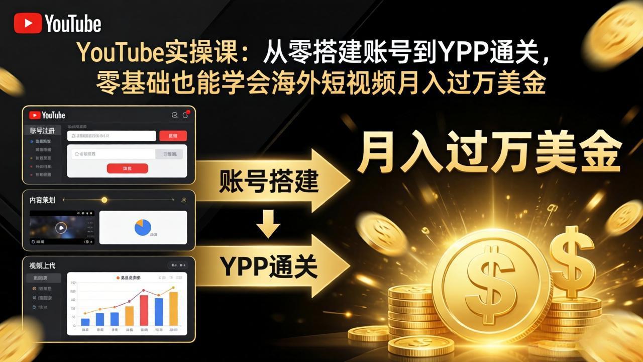 YouTube实操课：从零搭建账号到YPP通关，零基础也能学会海外短视频月入过万美金-聚力云网创