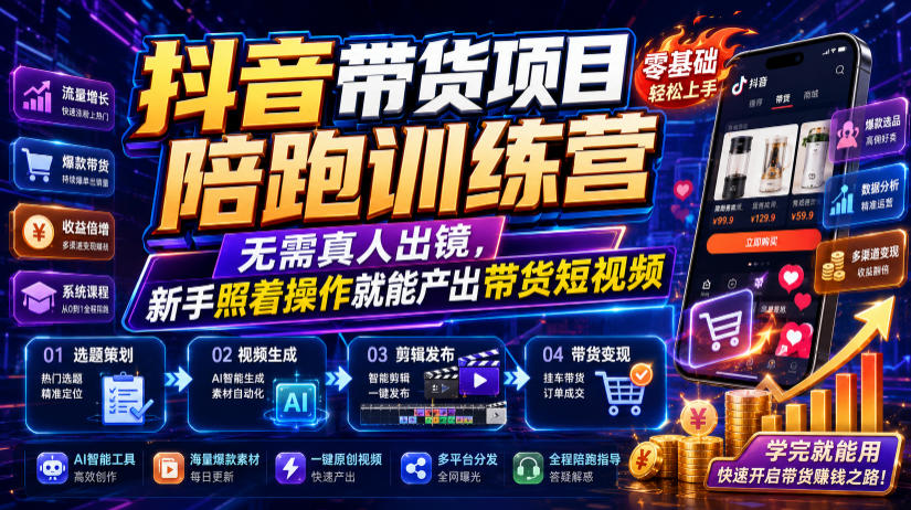 抖音带货项目陪跑训练营，无需真人出镜，新手照着操作就能产出带货短视频-聚力云网创