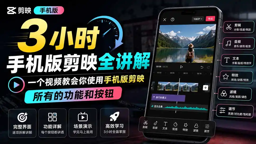 3小时手机版剪映全讲解，一个视频教会你使用手机版剪映，所有的功能和按钮-聚力云网创