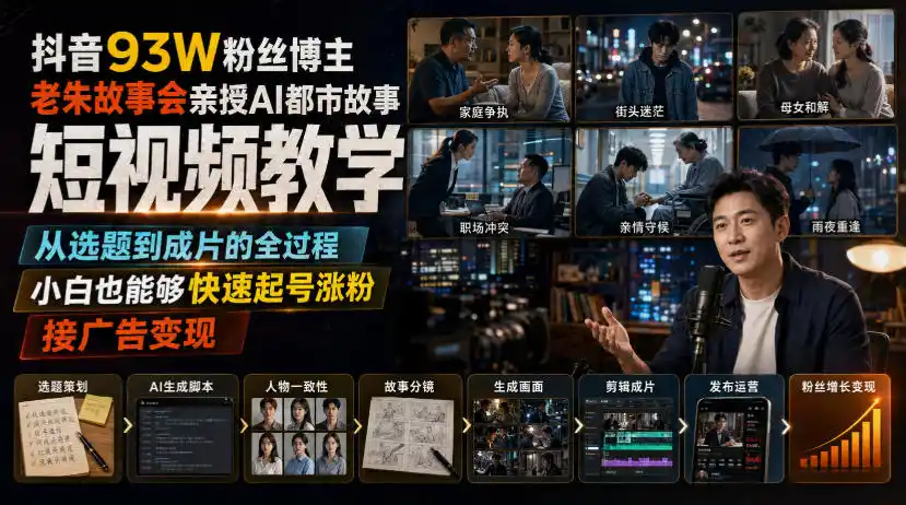 抖音93W粉丝博主老朱故事会亲授AI都市故事短视频教学,从选题到成片的全过程,小白也能够快速起号涨粉接广告变现-聚力云网创