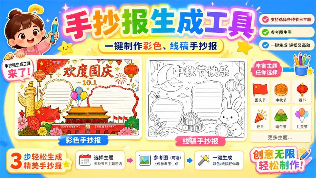 手抄报批量生成工具来了,完全免费,告别豆包生图,这个高清无水印-聚力云网创
