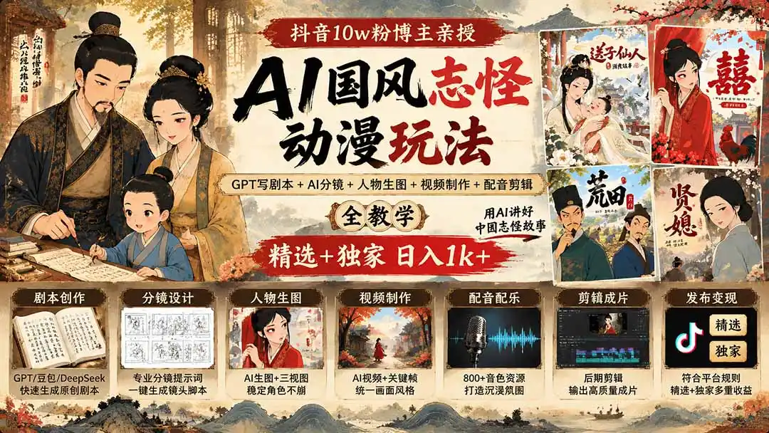 抖音10w粉博主亲授AI国风志怪动漫玩法｜GPT写剧本+AI分镜+人物生图+视频制作+配音剪辑全教学｜精选+独家日入1k+-聚力云网创
