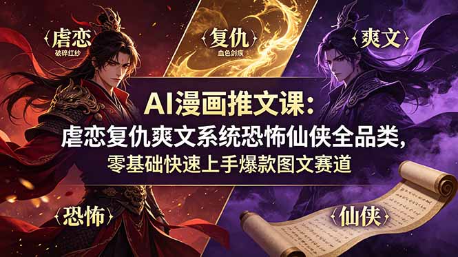 AI漫画推文课：虐恋复仇爽文系统恐怖仙侠全品类，零基础快速上手爆款图文赛道-聚力云网创