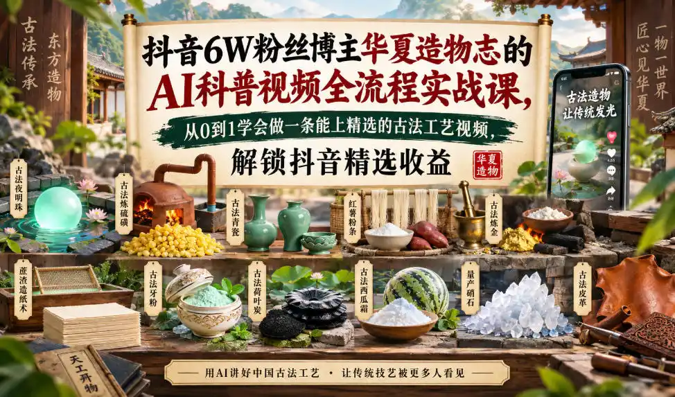 抖音6W粉丝博主华夏造物志的AI科普视频全流程实战课，从0到1学会做一条能上精选的古法工艺视频，解锁抖音精选收益-聚力云网创