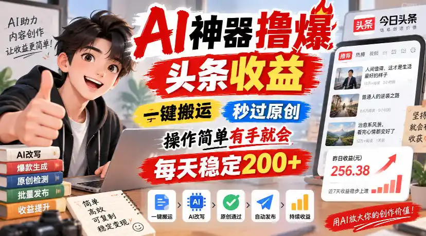 AI神器撸爆头条收益，一键搬运，秒过原创，操作简单有手就会，每天稳定200+【揭秘】-聚力云网创