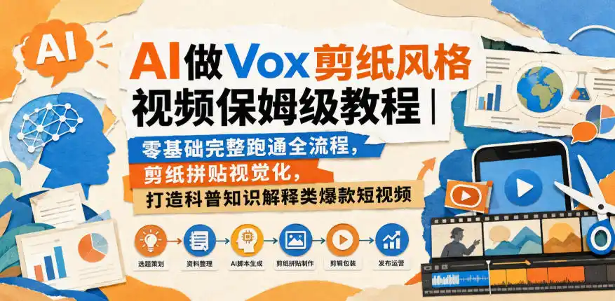 AI做Vox剪纸风格视频保姆级教程｜零基础完整跑通全流程，剪纸拼贴视觉化，打造科普知识解释类爆款短视频-聚力云网创
