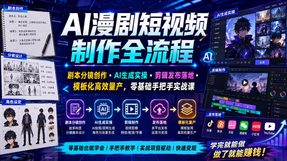 AI漫剧短视频制作全流程｜剧本分镜创作・AI生成实操・剪辑发布落地・模板化高效量产，零基础手把手实战课-聚力云网创