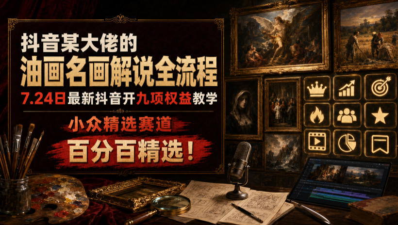 抖音某大佬的油画名画解说全流程，7.24日最新抖音开九项权益教学，小众精选赛道，百分百精选！-聚力云网创
