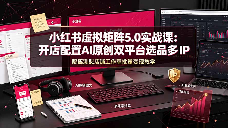 小红书虚拟矩阵5.0实战课：开店配置｜AI原创｜双平台选品｜多IP隔离｜测怼店铺工作室批量变现实操教学-聚力云网创