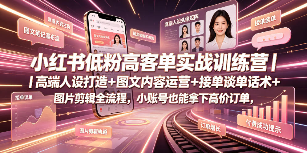 小红书低粉高客单实战训练营｜高端人设打造+图文内容运营+接单谈单话术+图片剪辑全流程，小账号也能拿下高价订单-聚力云网创
