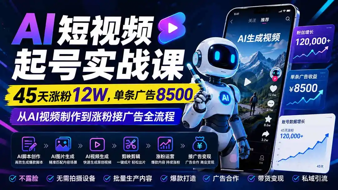 AI短视频起号实战课:45天涨粉12W,单条广告8500,从AI视频制作到涨粉接广告全流程-聚力云网创