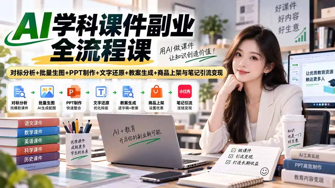 AI学科课件副业全流程课｜对标分析+批量生图+PPT制作+文字还原+教案生成+商品上架与笔记引流变现-聚力云网创