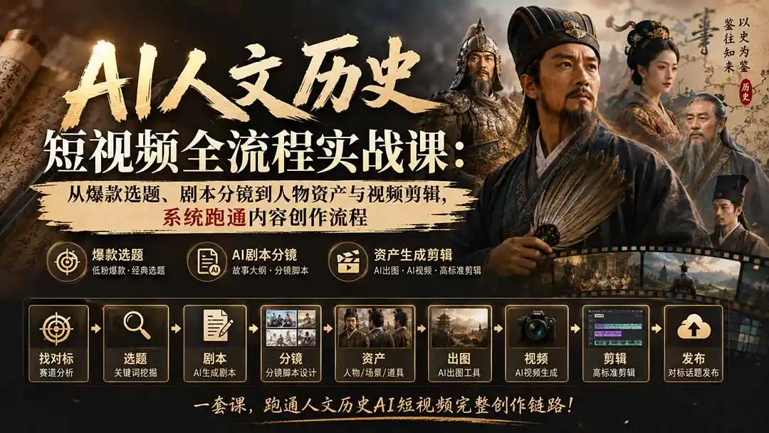 AI人文历史短视频全流程实战课-更新:从爆款选题、剧本分镜到人物资产与视频剪辑,系统跑通内容创作流程-聚力云网创