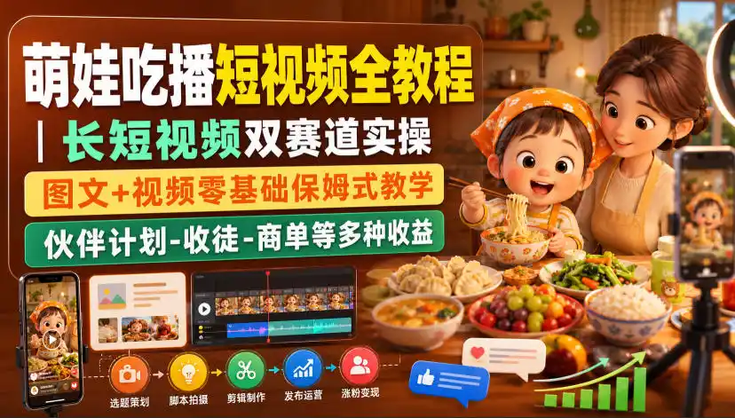 萌娃吃播短视频全教程｜长短视频双赛道实操，图文+视频零基础保姆式教学，伙伴计划-收徒-商单等多种变现方式-聚力云网创