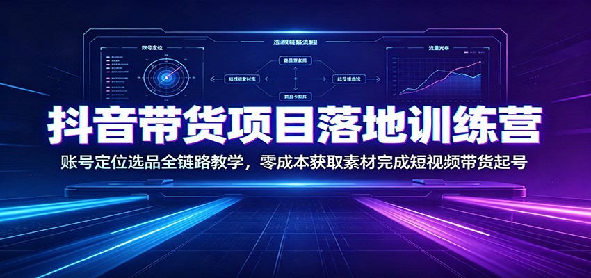 抖音带货项目落地训练营:账号定位选品全链路教学,零成本获取素材完成短视频带货起号-聚力云网创