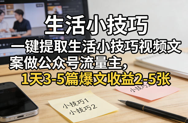 一键提取生活小技巧视频文案做公众号流量主，1天3-5篇爆文收益2-5张-聚力云网创