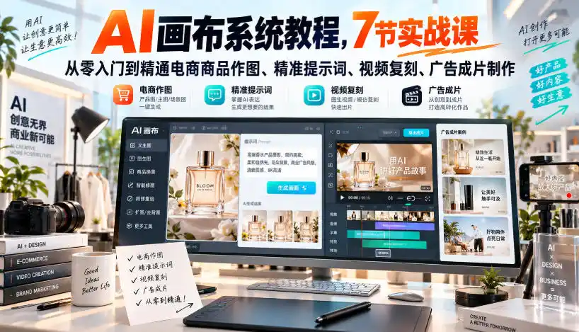 AI画布系统教程，7节实战课从零入门到精通电商商品作图、精准提示词、视频复刻、广告成片制作-聚力云网创