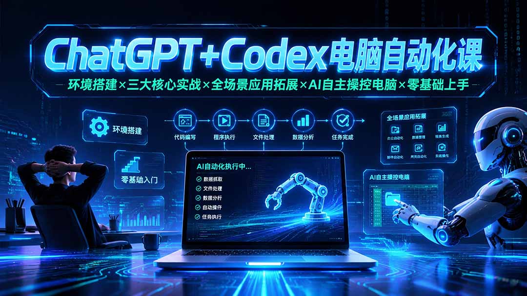 ChatGPT+Codex电脑自动化课:环境搭建×三大核心实战×全场景应用拓展×AI自主操控电脑×零基础上手-聚力云网创