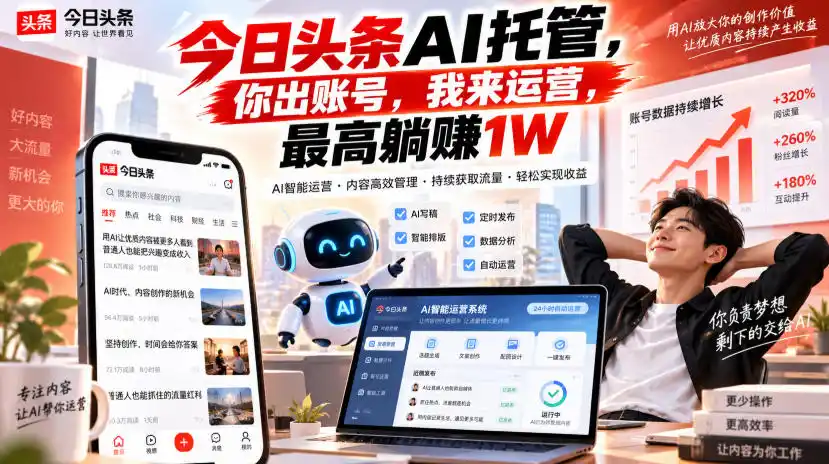 今日头条AI托管,你出账号,我来运营,最高躺賺1W【揭秘】-聚力云网创