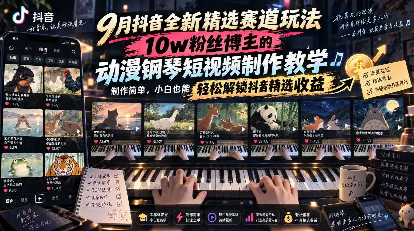 9月抖音全新精选赛道玩法，10w粉丝博主的动漫钢琴短视频制作教学，制作简单，小白也能轻松解锁抖音精选收益-聚力云网创