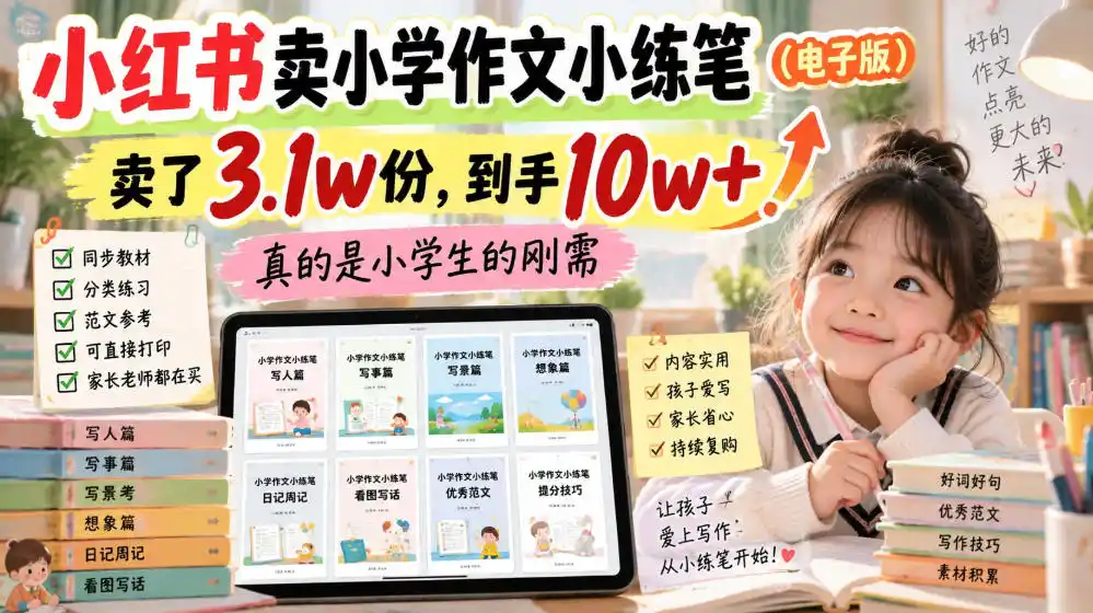 小红书卖小学作文小练笔(电子版),卖了3.1w份,到手10w+,真的是小学生的刚需-聚力云网创