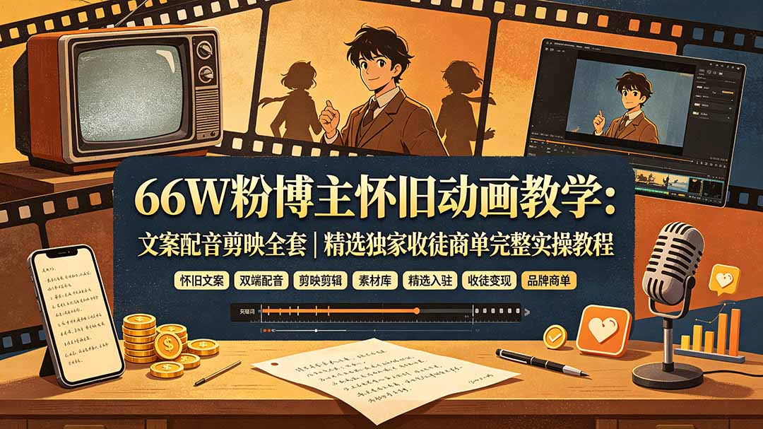 66W粉博主怀旧动画教学：文案配音剪映全套｜精选独家收徒商单完整实操教程-聚力云网创