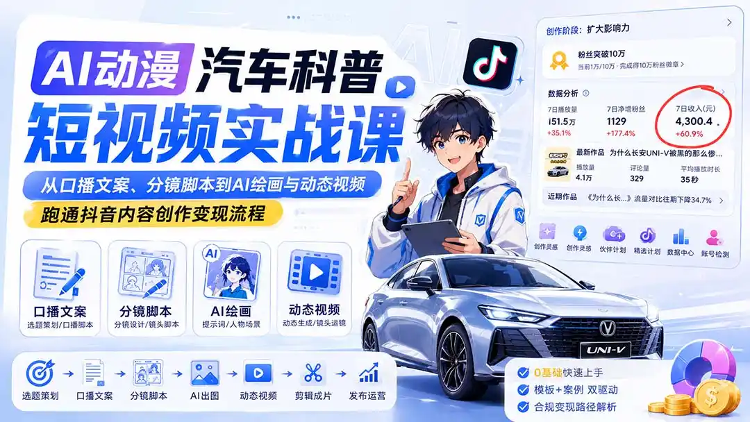 AI动漫汽车科普短视频实战课:从口播文案、分镜脚本到AI绘画与动态视频,跑通抖音内容创作变现流程-聚力云网创