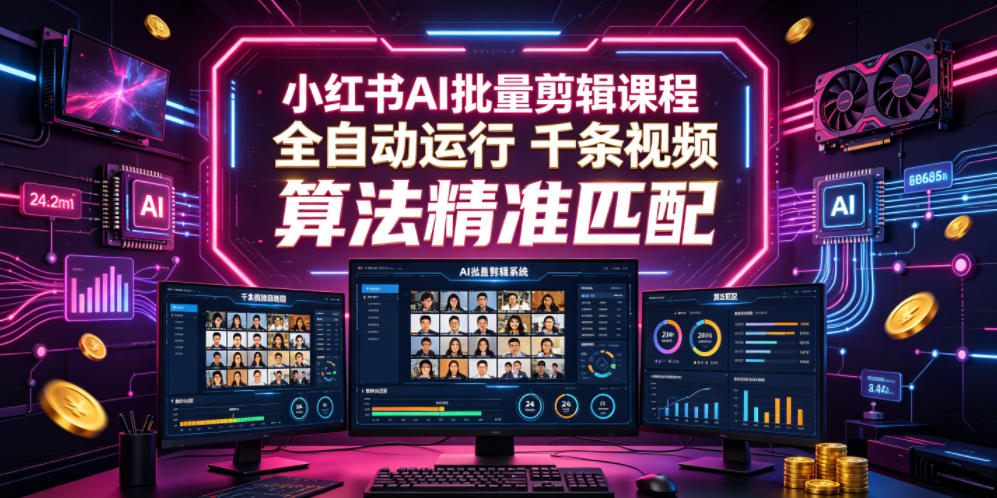 小红书AI批量剪辑课程,24小时全自动运行,解放双手专注运营,千条视频批量处理,小红书算法精准匹配-聚力云网创