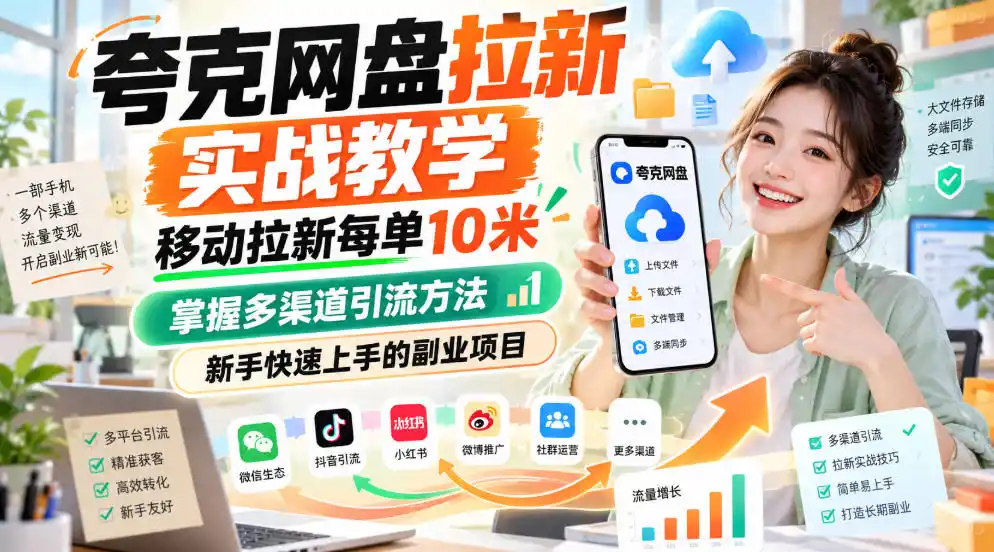 夸克网盘拉新实战教学,移动拉新每单10米,掌握多渠道引流方法,新手快速上手的副业项目-聚力云网创