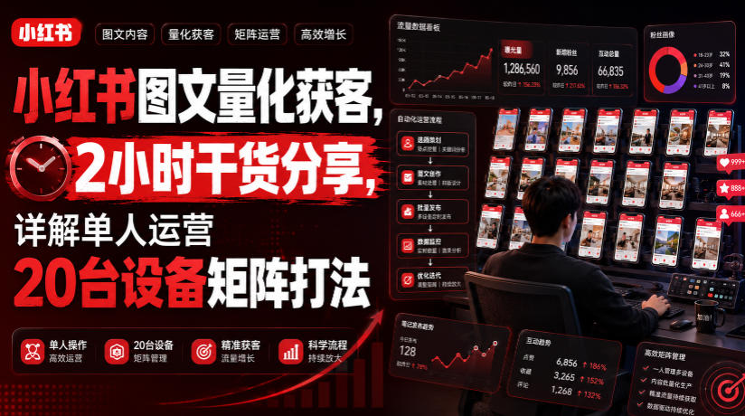 小红书图文量化获客，2小时干货分享，详解单人运营20台设备矩阵打法-聚力云网创