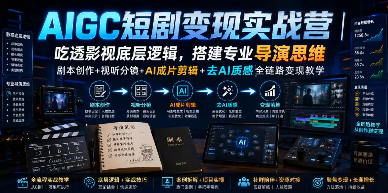 AIGC短剧变现实战营｜吃透影视底层逻辑，搭建专业导演思维，剧本创作+视听分镜+AI成片剪辑+去AI质感全链路变现教学-聚力云网创