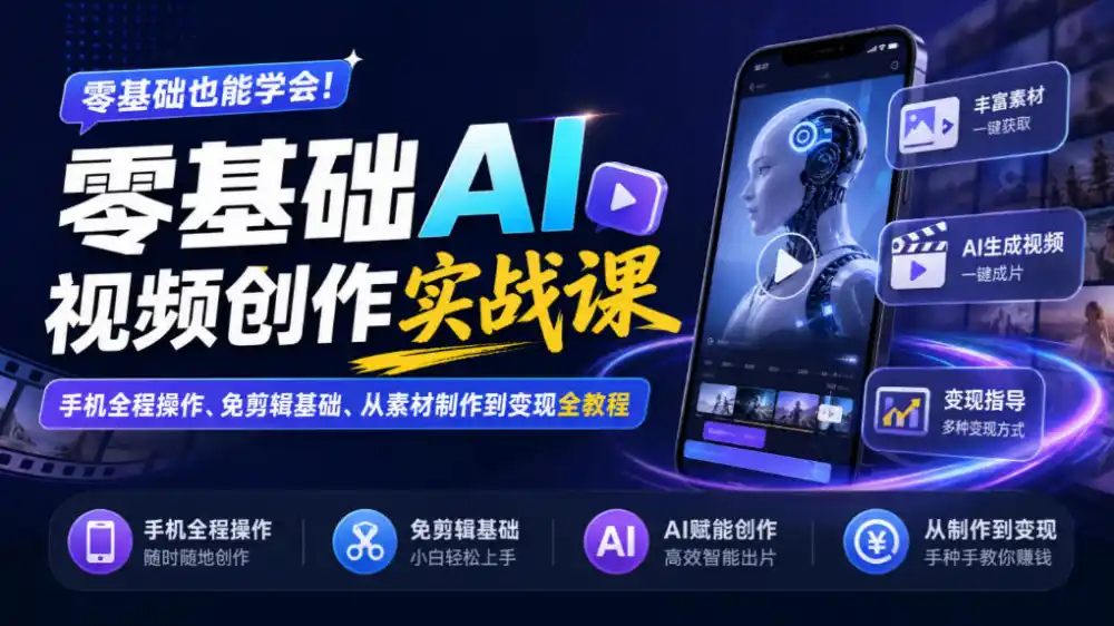 零基础AI视频创作实战课｜手机全程操作、免剪辑基础、从素材制作到变现全教程-聚力云网创