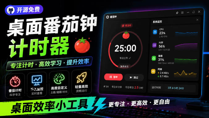 仅1.16MB，开源极简的桌面时钟、番茄钟计时器，还支持系统监控显示，桌面效率小工具Catime-聚力云网创