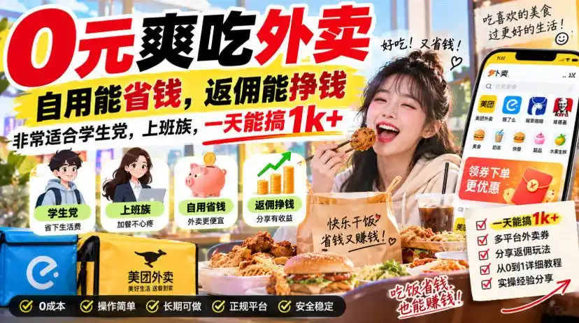 0元爽吃外卖,自用能省钱,返佣能挣钱,非常适合学生党,上班族,一天能搞1k+-聚力云网创