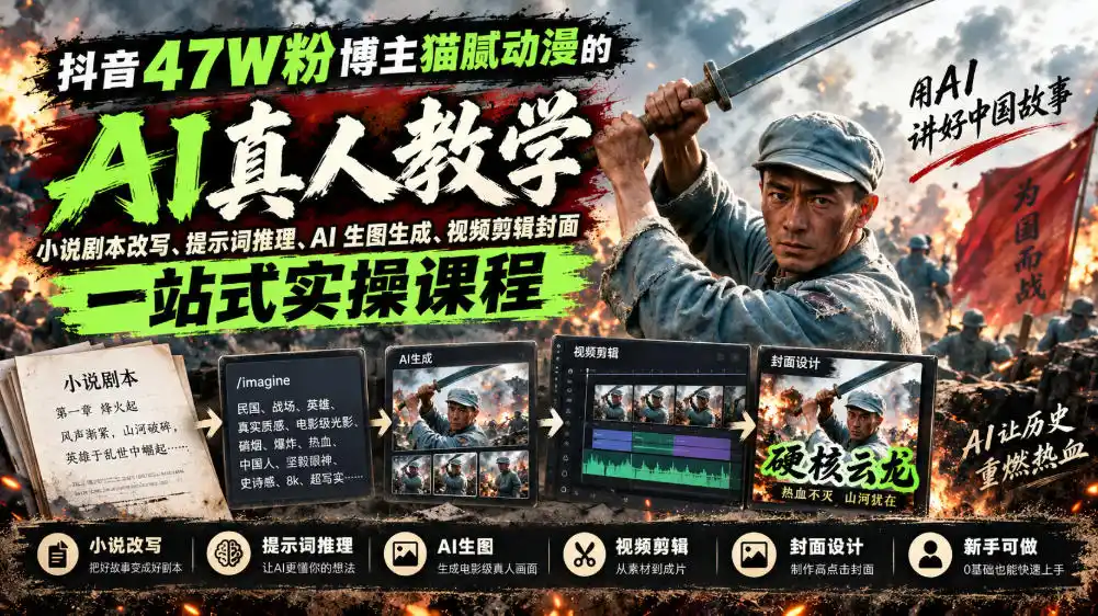 抖音47W粉博主猫腻动漫的AI真人漫剧教学，小说剧本改写、提示词推理、AI生图生成、视频剪辑封面一站式实操课程-聚力云网创