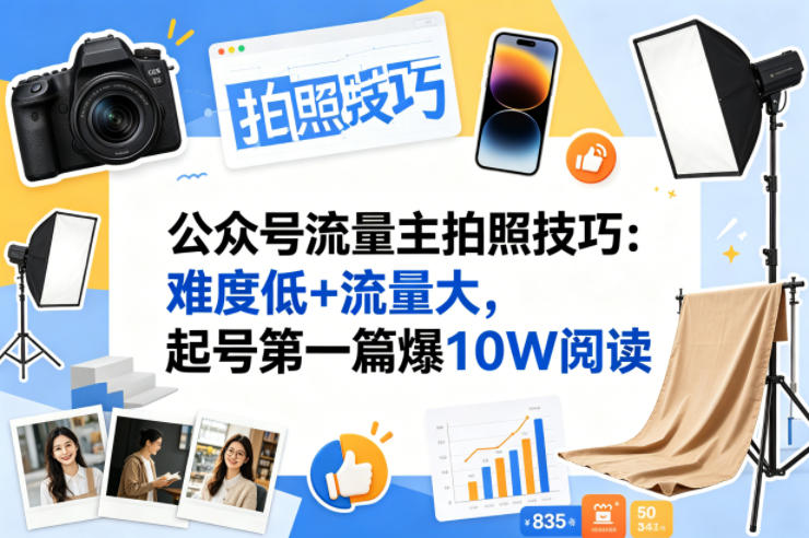 公众号流量主之拍照技巧赛道，难度低+流量大，起号第一篇就爆了10w阅读-聚力云网创