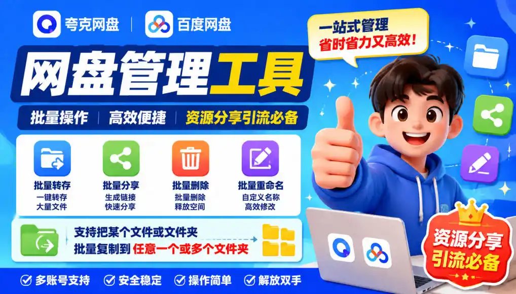 夸克网盘批量文件重命名，批量转存、批量分享、批量复制，内置AI功能-聚力云网创