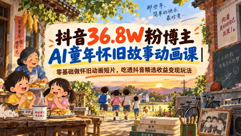 抖音36.8W粉博主AI童年怀旧故事动画课｜零基础做怀旧动画短片，吃透抖音精选收益变现玩法-聚力云网创