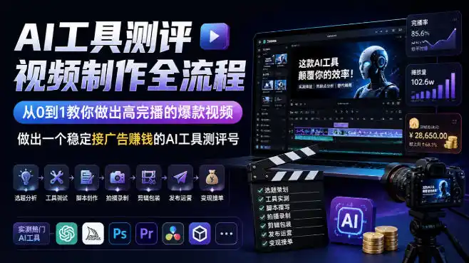 AI工具测评视频制作全流程，从0到1教你做出高完播的爆款视频，做出一个稳定接广告賺钱的AI工具测评号-聚力云网创