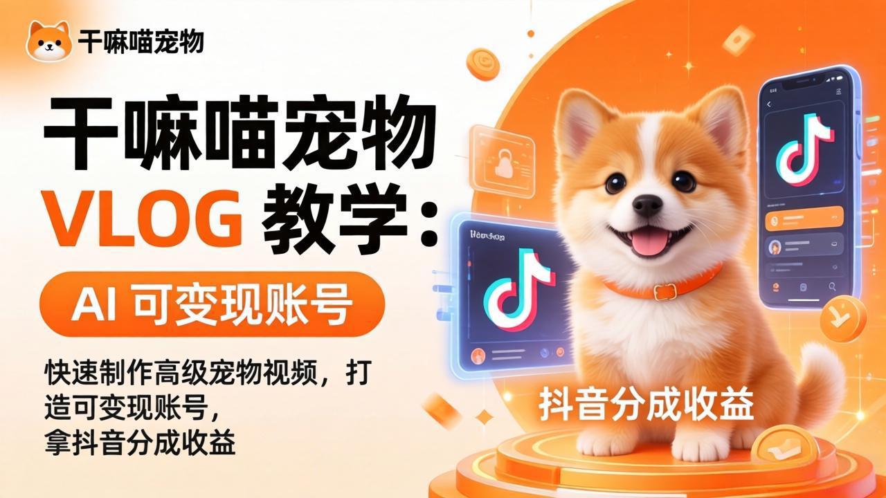 干嘛喵宠物 VLOG 教学:AI 快速制作高级宠物视频,打造可变现账号,拿抖音分成收益-聚力云网创
