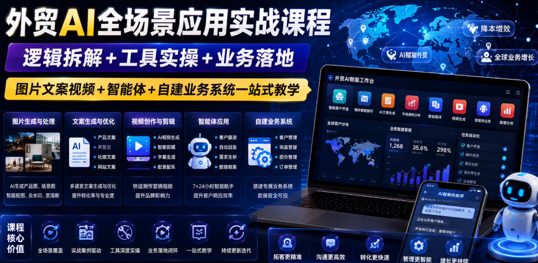 外贸AI全场景应用实战课程｜逻辑拆解+工具实操+业务落地，图片文案视频+智能体+自建业务系统一站式教学-聚力云网创