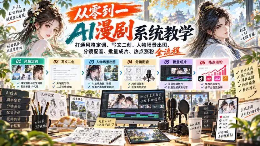 从零到一AI漫剧系统教学，打通风格定调、写文二创、人物场景出图、分镜配音、批量成片、热点涨粉全流程-聚力云网创