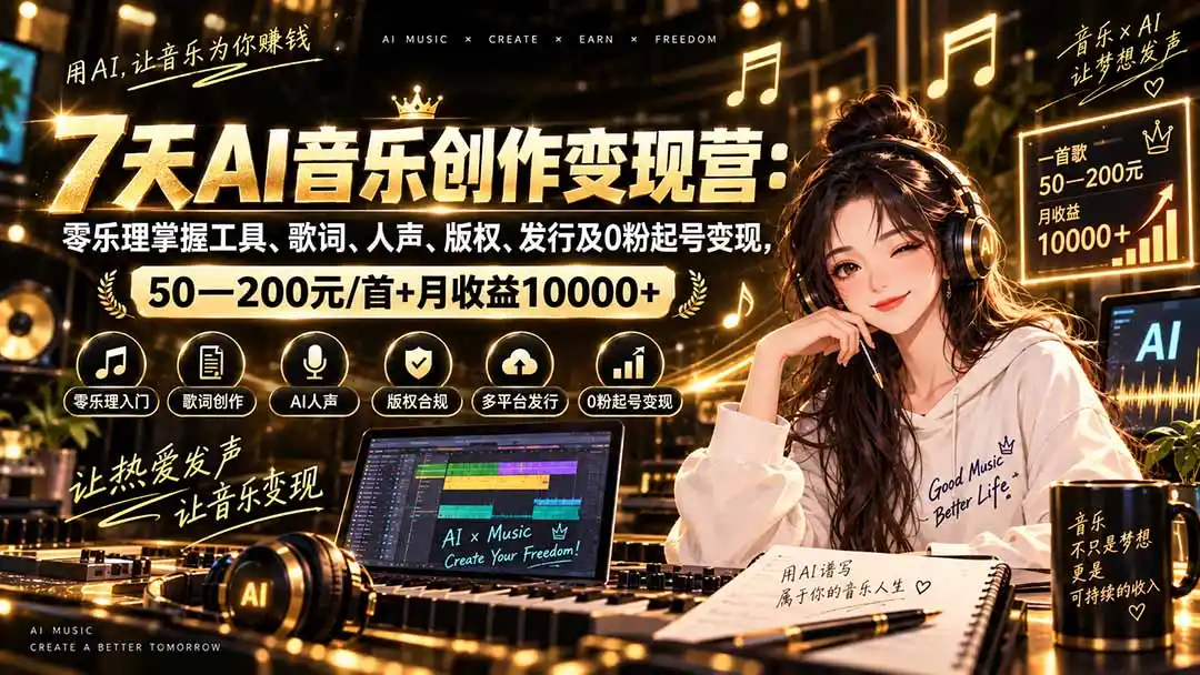 AI音乐创作变现营：零乐理掌握工具、歌词、人声、版权、发行及0粉起号变现，50—200元/首+月收益10000+-聚力云网创