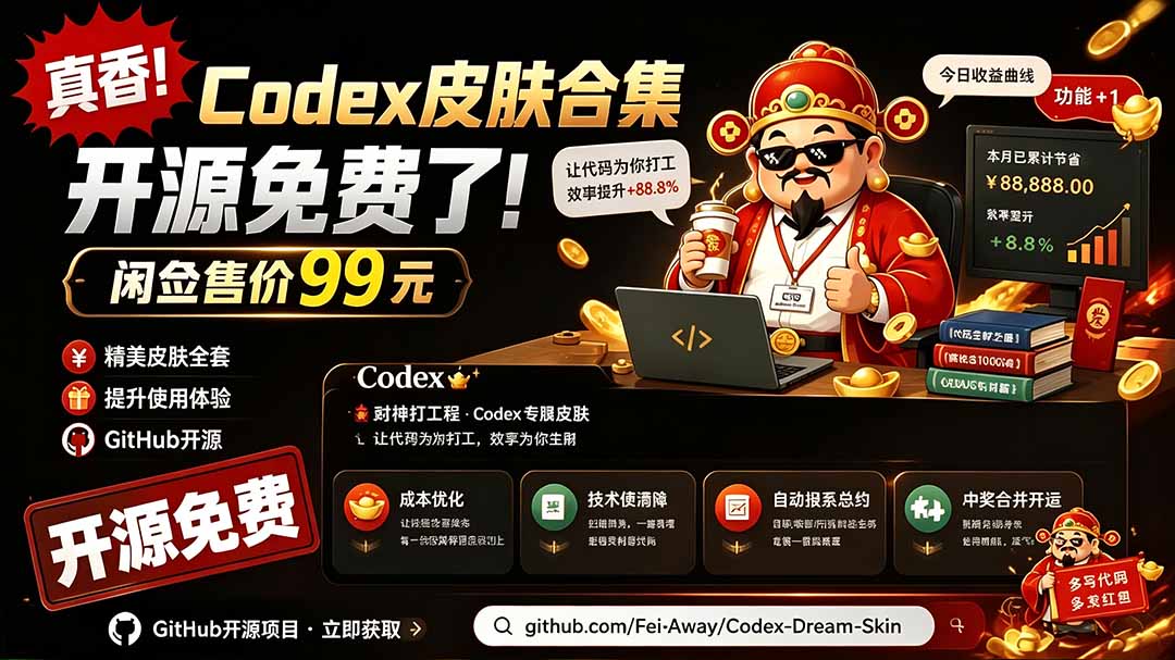 闲鱼售卖99元的Codex皮肤包，GitHub 免费开源了！让你的codex变成精美界面 Codex Dream Skin-聚力云网创