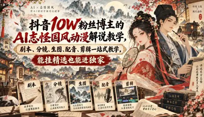 抖音10W粉丝博主满堂诡事的AI志怪国风动漫解说教学，剧本、分镜、生图、配音、剪辑一站式教学，能挂精选也能进独家-聚力云网创