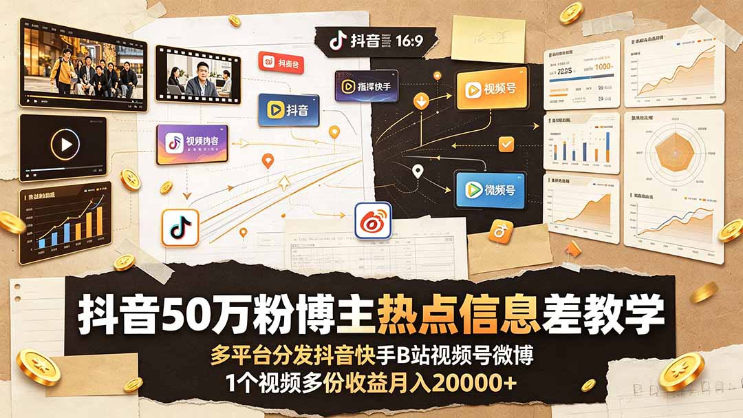 抖音50万粉博主热点信息差教学：多平台分发抖音快手B站视频号微博，1个视频多份收益月入20000+-聚力云网创