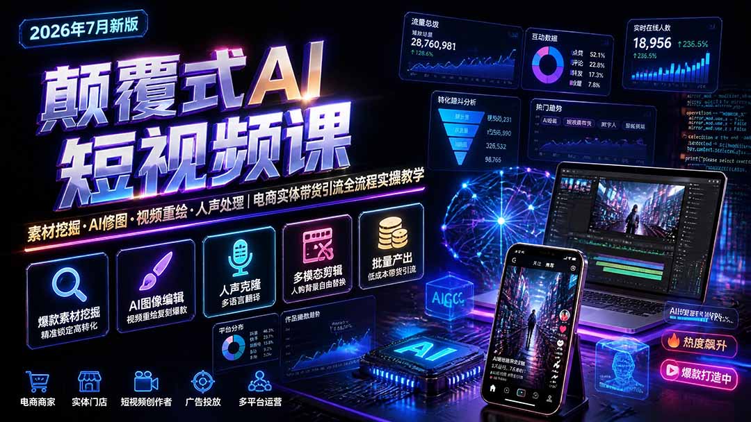 颠覆式AI短视频课|素材挖掘,AI修图,视频重绘,人声处理|电商实体带货引流全流程实操教学-聚力云网创