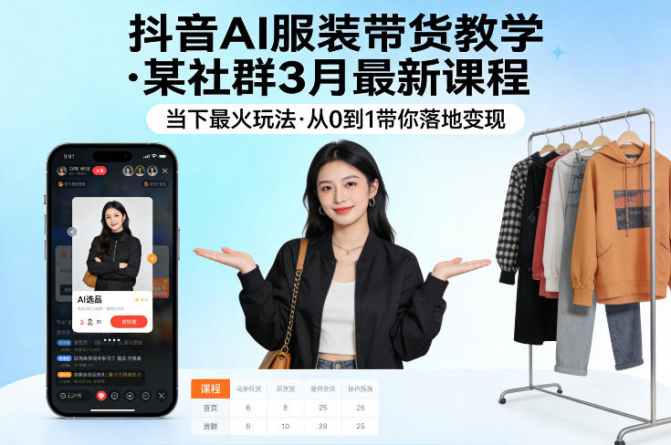 抖音AI服装带货教学，某社群3月最新课程，当下最火玩法，从0到1带你落地变现-聚力云网创