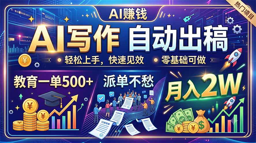 AI写作自动出稿，教育一单500+，派单不愁，月入2W-聚力云网创