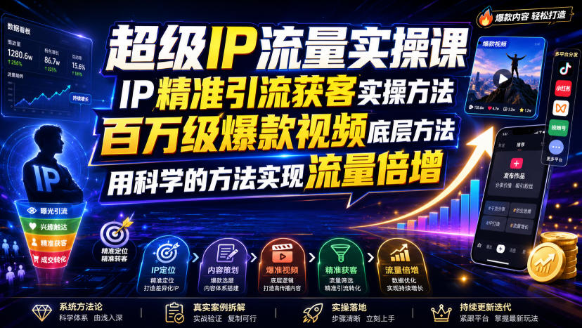 超级IP流量实操课，IP精准引流获客实操方法，百万级爆款视频底层方法，用科学的方法实现流量倍增-聚力云网创